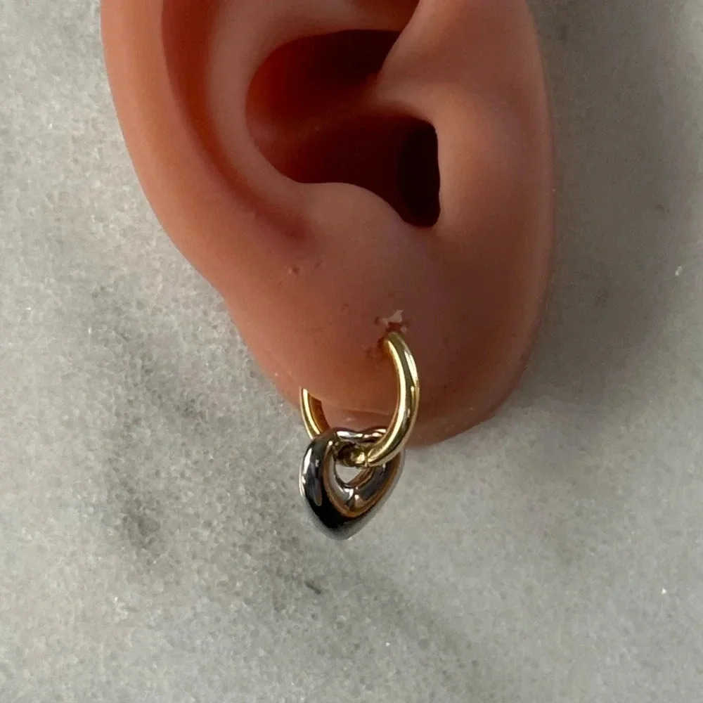 Gold Silver Two Tone Heart Bubble Charm Dangle Hoop Earrings - Picture 4 of 4